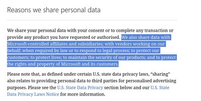 La pagina della dichiarazione sulla privacy di Microsoft è piuttosto vaga su ciò che l'azienda condivide con chi e perché. (Fonte: Microsoft)