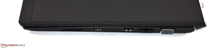 A destra: lettore SD card, USB 3.1 Gen 2 type A, USB 3.1 Gen 2 type C, HDMI, RJ45, VGA