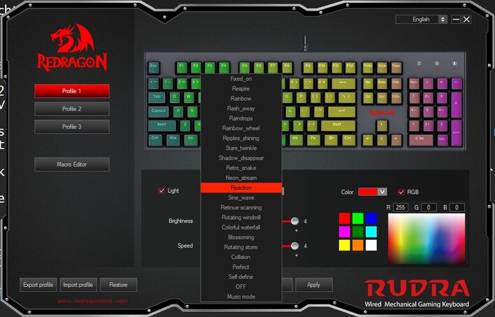 18 modalità RGB preimpostate della tastiera Rudra