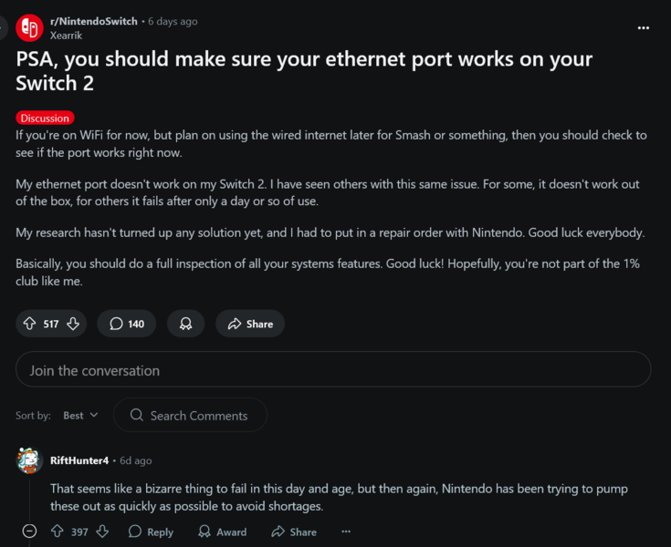 Problemi con la porta Ethernet di Nintendo Switch 2 (Fonte immagine: screenshot, subreddit Nintendo Switch)