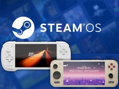 Il Konkr Pocket Fit G3 e l'Ayaneo Pocket S2 Pro ritratti con il logo di Steam OS sullo sfondo