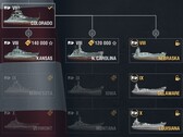 World of Warships 12.1, albero tecnologico degli Stati Uniti che mostra le corazzate ibride Nebraska, Delaware e Louisiana (Fonte: Own)
