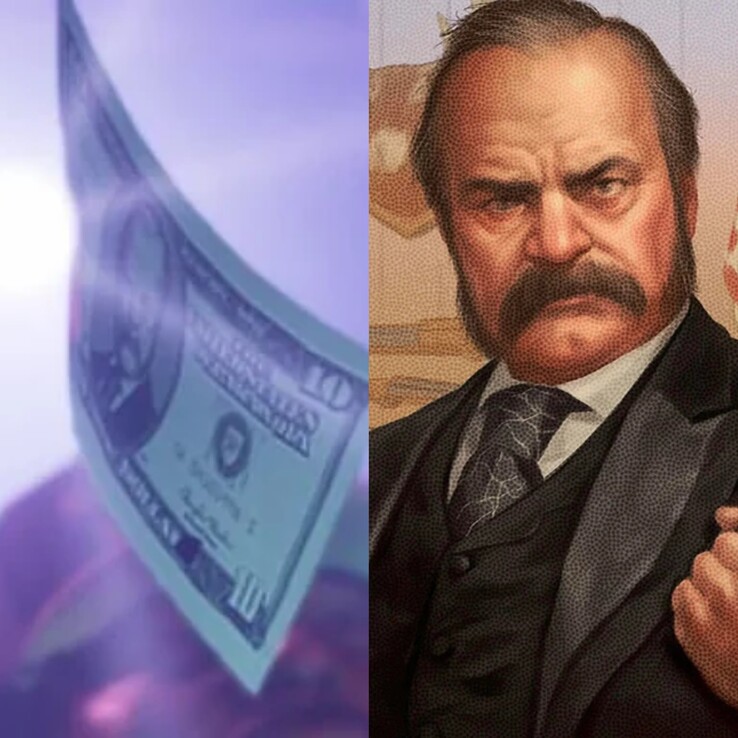 Immagine che mostra il denaro in GTA 6 dal Trailer 2 insieme al presidente Thaddeus Waxman. (Fonte immagine: Synth Potato su X)