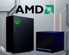 Logo AMD sopra il mockup della nuova console Xbox e della Steam Machine