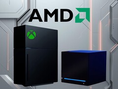 Logo AMD sopra il mockup della nuova console Xbox e della Steam Machine