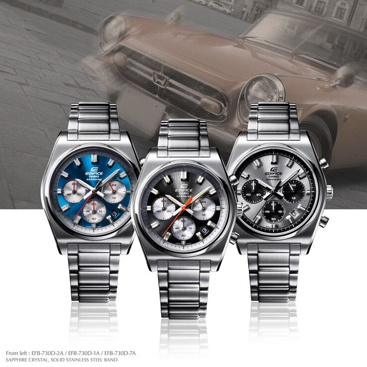 Da sinistra a destra: Casio Edifice EFB-730D-2AV, EFB-730D-1AV, EFB-730D-7AV. (Fonte: Casio)