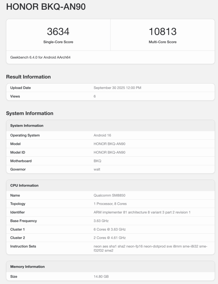 Elenco Geekbench di Honor Magic 8 Pro. (Fonte: Geekbench)