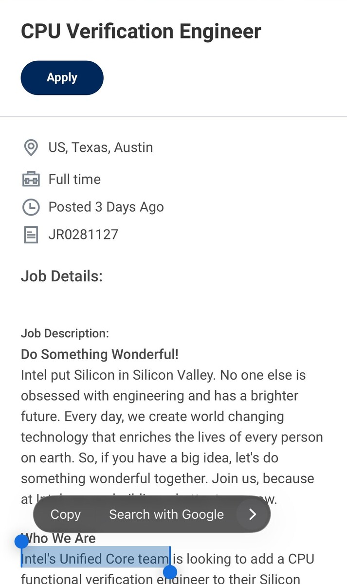 Intel sta cercando un ingegnere per lavorare sugli Unified Core