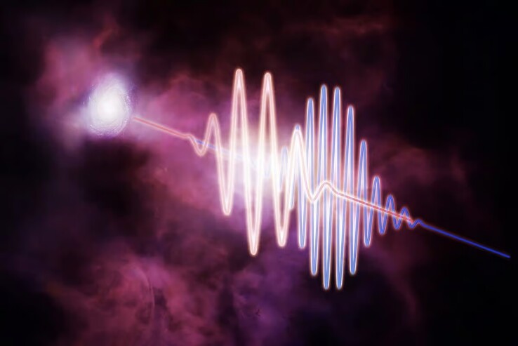 La differenza tra le lunghezze d'onda lunghe, qui rappresentate in rosso, emesse dai fast radio burst (FRB), e le lunghezze d'onda più corte, mostrate in blu. (Fonte immagine: Melissa Weiss, CFA)
