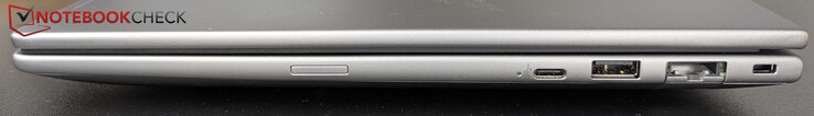 A destra: Slot SIM opzionale, USB-C (20 Gb/s), USB-A (5 Gb/s), LAN (1 Gb/s), Kensington