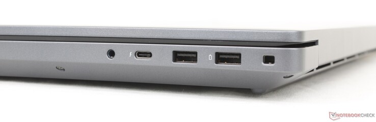 A destra: cuffie da 3,5 mm, USB-C Thunderbolt 4 (40 Gbps) con DisplayPort + Power Delivery, 2x USB-A 3.2 Gen. 1 (5 Gbps), slot di blocco