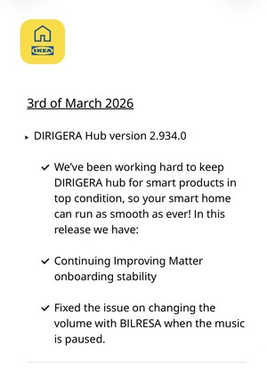 Le note di rilascio per il software IKEA Dirigera Hub versione 2.934.0