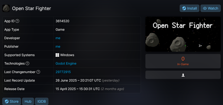 Gioco aperto Star Fighter rubato su Steam (fonte immagine: screenshot, SteamDB)