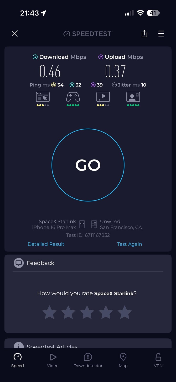 Velocità di download della modalità Standby di Starlink. (Fonte: ilikewolves99/Reddit)