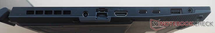 Lato sinistro: alimentazione, RJ45 LAN, HDMI 2.1, 2x USB-C 3.2 Gen2 (incl. DisplayPort), USB-A 3.2 Gen1, audio