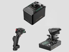 Base Moza AB6 (in alto), Flightstick MHG (in basso a sinistra) e Quadrante dell'acceleratore MTQ (in basso a destra). (Fonte immagine: Moza, modificato)