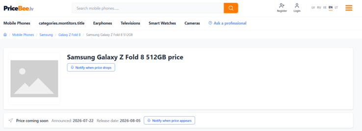 Pricebee, con sede in Lettonia, indica il 5 agosto come data di disponibilità del Samsung Galaxy Z Fold 8.