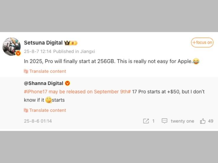 Post su Weibo del leaker che parla di iPhone 17 Pro modello base 256 GB. (Fonte immagine: Setsuna Digital su Weibo, screenshot)