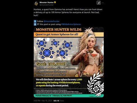 Post del concorso Monster Hunter Wilds su X (Fonte immagine: Account ufficiale Monster Hunter Wilds X)