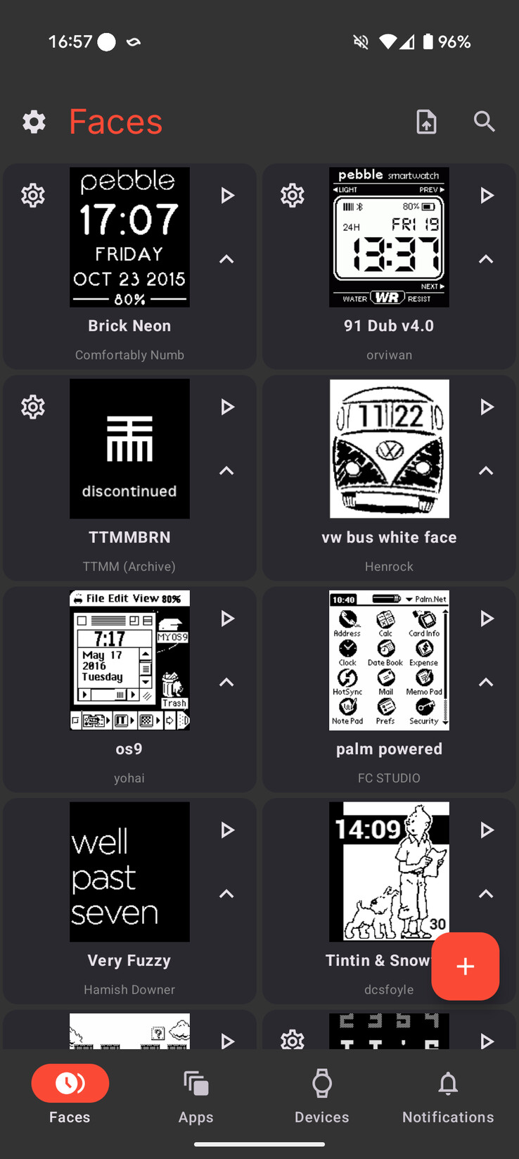 Uno screenshot di alcune delle Watch Faces nella nuova applicazione Pebble. (Fonte: Eric Migicovsky via X.com)