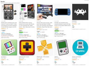 Un elenco di alcune delle applicazioni di emulazione ancora disponibili al momento della stampa sull'Amazon App Store. (Immagine: screenshot di Amazon.com)