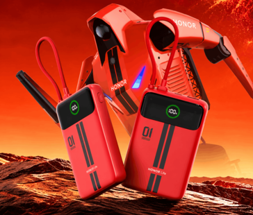 Due power bank Honor Life rossi con display integrati e cavi collegati, mostrati su uno sfondo rosso