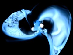 vista di una simulazione al supercomputer della fusione di stelle di neutroni magnetizzate