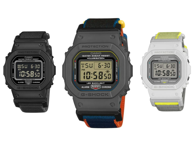 Da sinistra a destra: gli orologi Casio G-Shock DW-5600MNC-1, DW-5600MNC-8A2 e DW-5600MNC-7A8