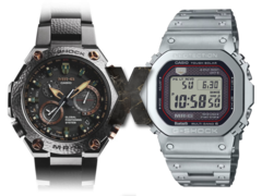 La nuova fuga di notizie su Casio MR-G lascia intendere un crossover tra questi due mondi. Nella foto - Il Casio MRG-G1000HT-1A a sinistra, una 'X' al centro e il Casio MRG-B5000 square G-Shock a destra. (Fonte immagine: Casio - Edited)