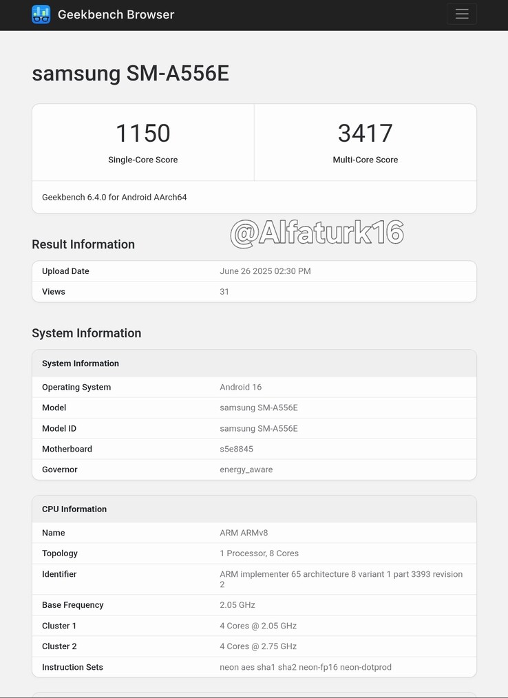 Un "Galaxy A55 5G" viene aggiornato a Android 16 in un nuovo leak. (Fonte: Geekbench via AlfaTurk su X)