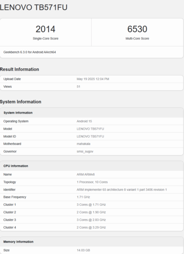 Lenovo Yoga Pad Pro con chip S1101 (fonte: Geekbench)