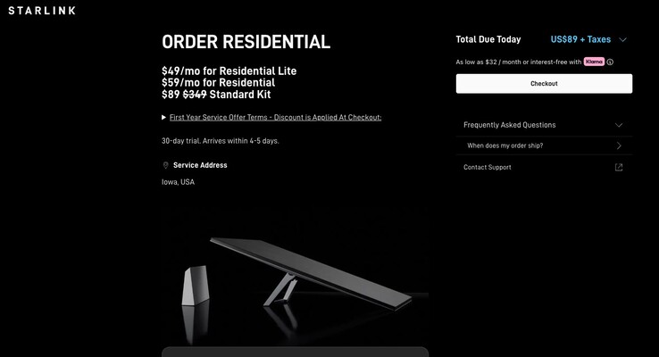 Starlink offre uno sconto di 260 dollari sul kit Standard e del 50% sul piano Residenziale. (Fonte: Starlink)