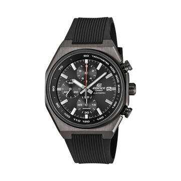 Cronografo Casio Edifice EFSS660PB-1A con cassa placcata in ioni grigi, cinturino in resina nera, quadrante nero testurizzato, lancetta dei secondi centrale rossa, tre contatori e scala tachimetrica.