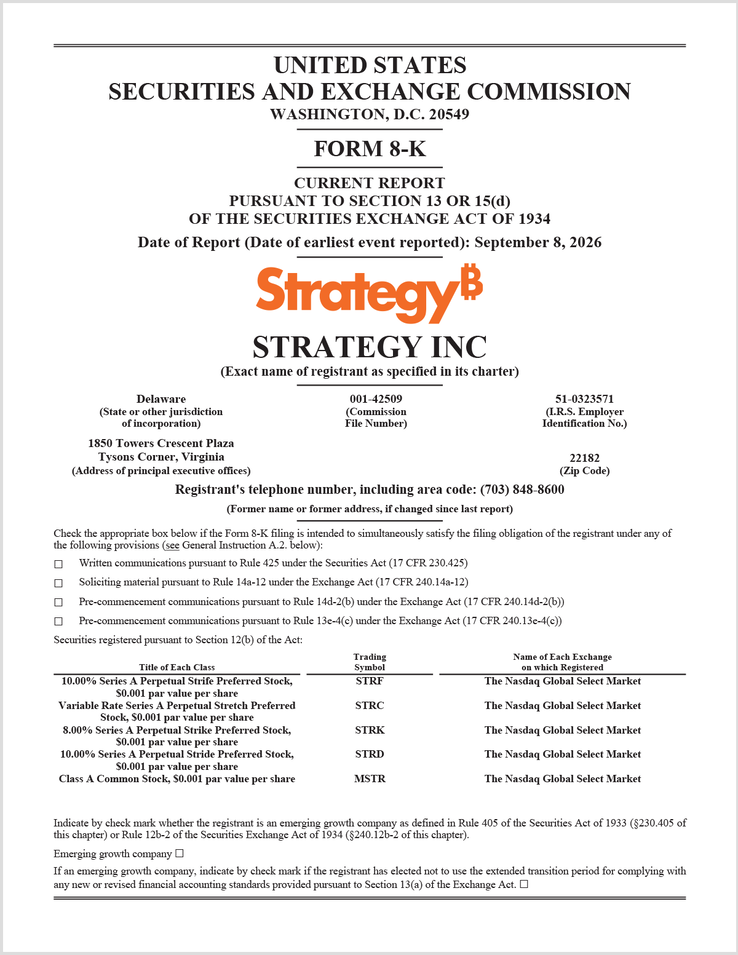 Modulo SEC 8-K di Strategy • 8 settembre 2026