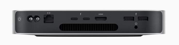Posteriore: pulsante di accensione, cavo di alimentazione, Ethernet 2x USB-C 4.0 con Thunderbolt 4 (40 GBit/s, modalità DisplayPort-ALT), HDMI 2.0, 2x USB-A 3.2 Gen.1 (5 GBit/s), audio da 3,5 mm (Immagine: Apple).