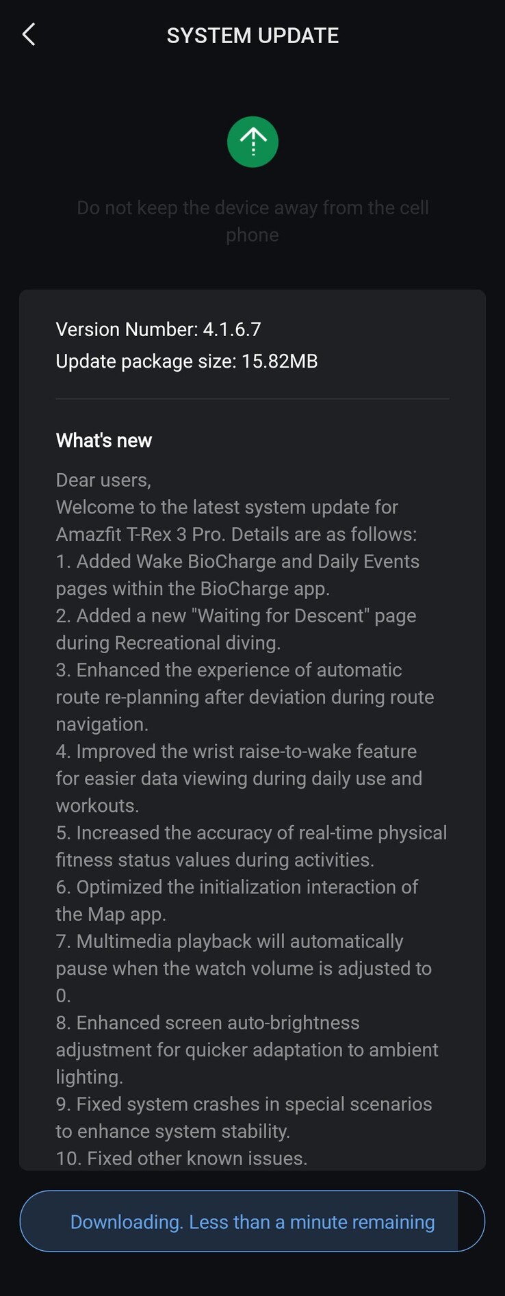 Le note di rilascio della versione software 4.1.6.7 per Amazfit T-Rex 3 Pro. (Fonte immagine: Reddit)