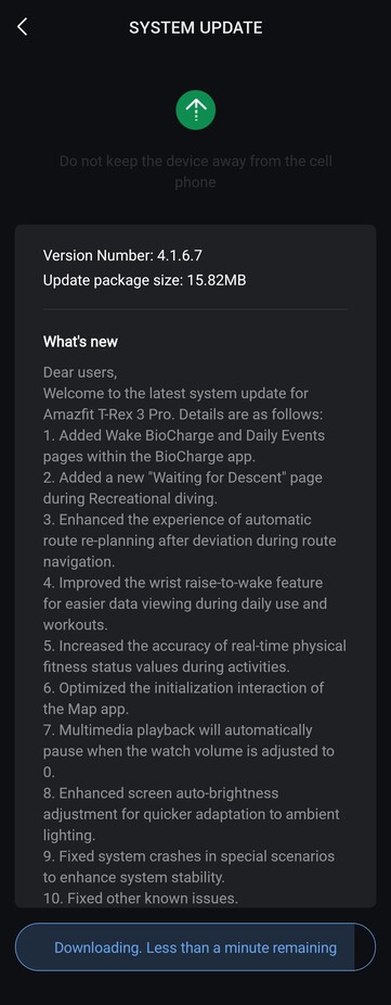 Le note di rilascio della versione software 4.1.6.7 per Amazfit T-Rex 3 Pro. (Fonte immagine: Reddit)