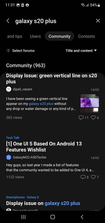 Utenti che si lamentano dei problemi di visualizzazione di Galaxy S20 Plus su Samsung Members (immagine via own)