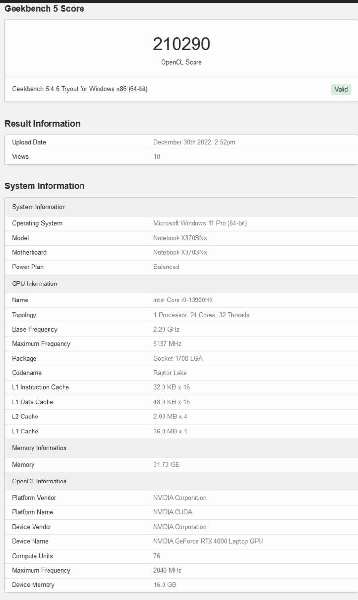 Nvidia GeForce RTX 4090 su Geekbench (immagine via Geekbench)