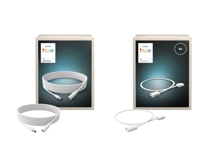La prolunga del cavo Philips Hue Flux (a sinistra) e il connettore Flux Flex (a destra). (Fonte immagine: Philips Hue via OBI, modificato)
