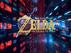 Il logo del remake di The Legend of Zelda: Ocarina of Time davanti al ticker di Nintendo