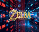 Il logo del remake di The Legend of Zelda: Ocarina of Time davanti al ticker di Nintendo