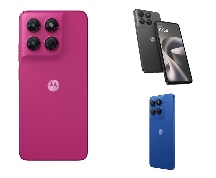 Motorola moto g37 mostrato nelle opzioni di colore Pantone Fuchsia Red, Pantone Impenetrable e Pantone Nautical Blue.