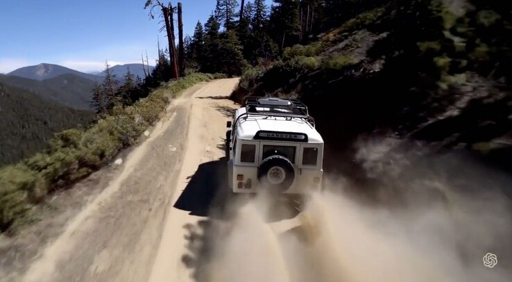 Un fermo immagine da un video di un SUV d'epoca che sale su una montagna generato da Sora (Fonte: OpenAI)
