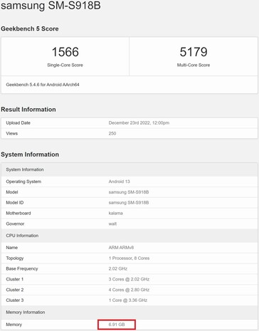 S23 Ultra con 8 GB di RAM. (Fonte: Geekbench)