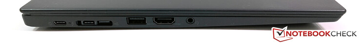 A sinistra: USB-C 3.1 (Gen1), Thunderbolt 3, LAN, USB 3.0, HDMI 1.4b, jack stereo da 3.5 mm