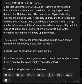 Myrient chiuderà il mese prossimo, citando l'aumento dei costi dell'infrastruttura.