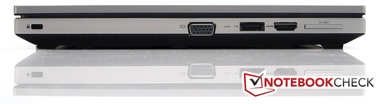 Sinistra: Kensington Lock, VGA, USB 2.0/eSATA, HDMI, 2 in 1 card reader