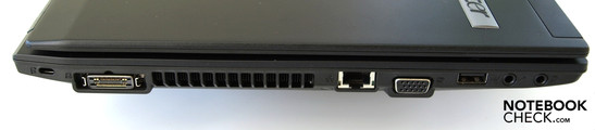 Lato sinistro: Kensington Security Slot, porta docking, ventola, RJ45 (LAN), VGA, USB 2.0, microfono, cuffie