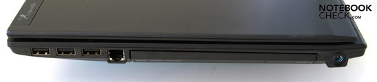 Lato destro: 3 porte USB 2.0, RJ-11 (modem), drive ottico, alimentazione